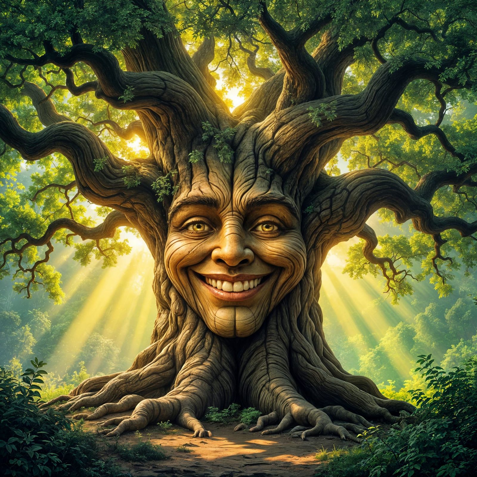 Ancient Oak Tree With Joyful Face in Forest