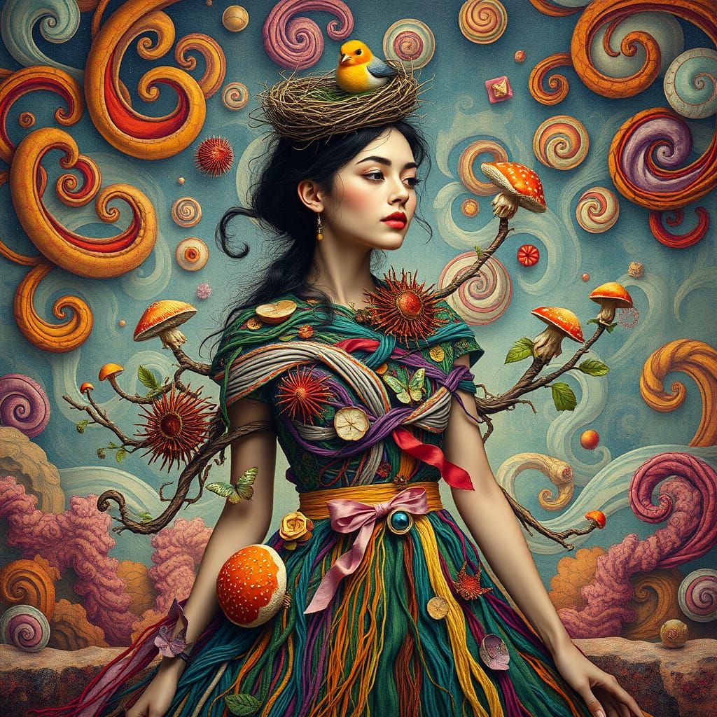Surrealist Dreamscape Woman in a Vibrant, Swirling Dress