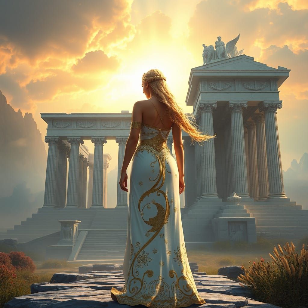 Ethereal Goddess Before Ancient Temple Ruins