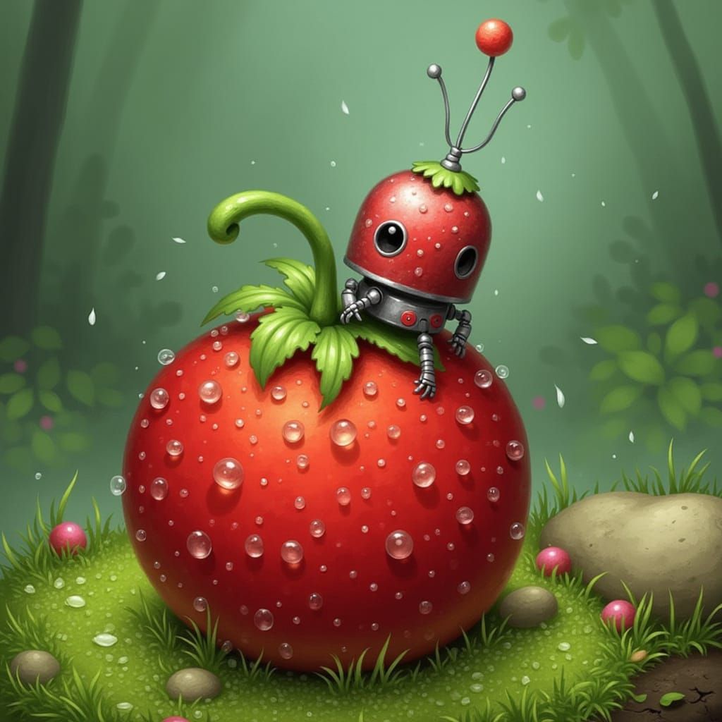 Strawberry with Robot Ladybug in Nature Illustration Style