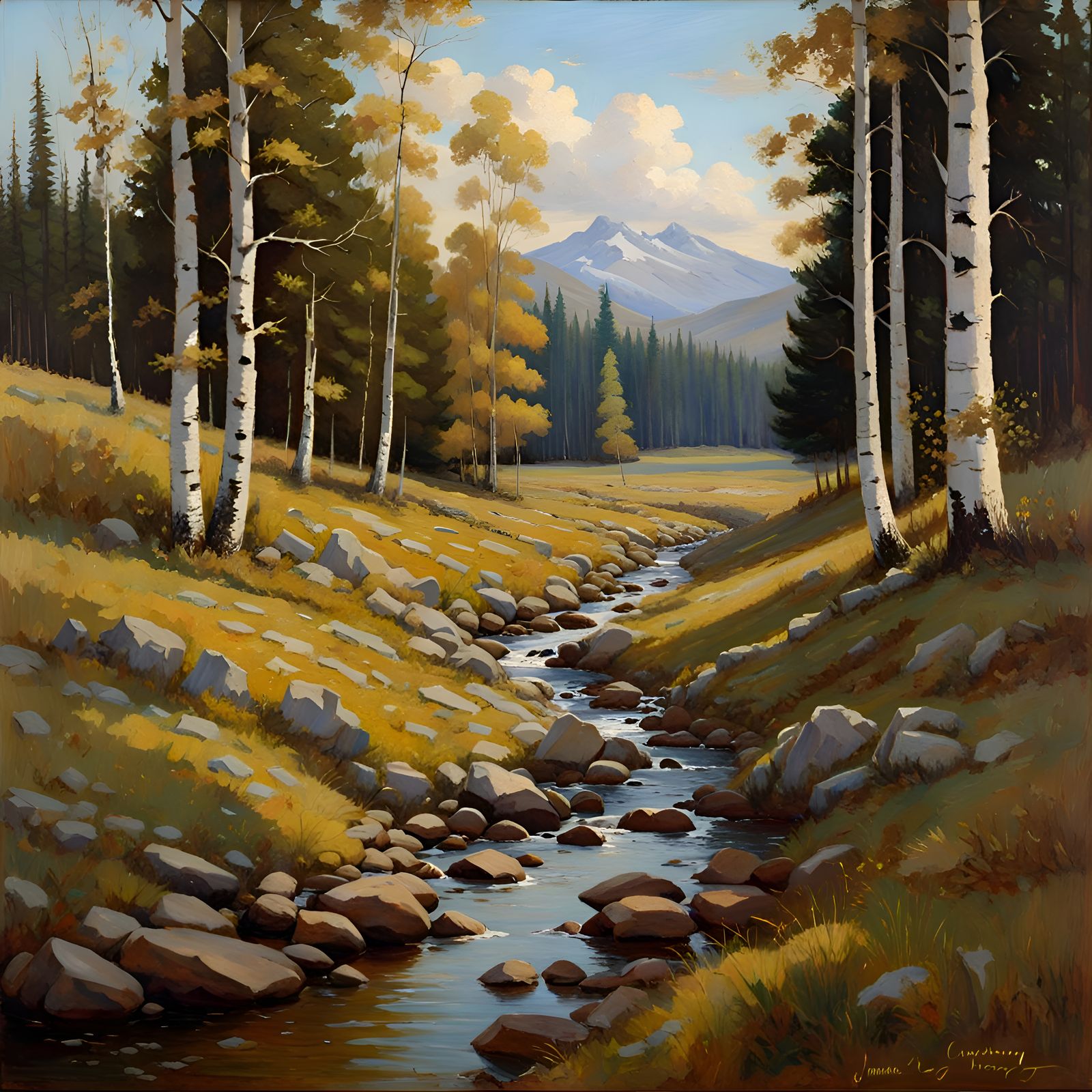 Autumnal Stream Through Forest, Oil Painting