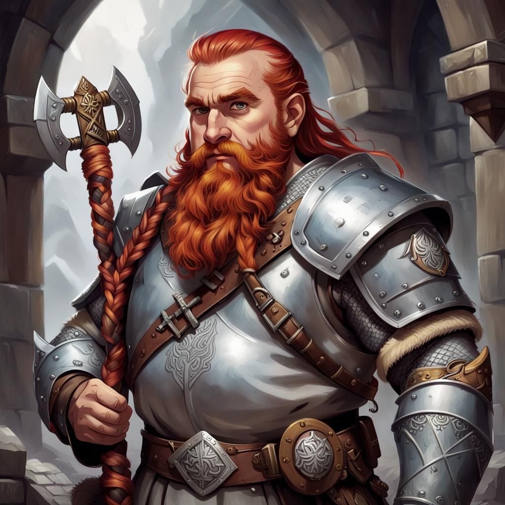 D&D Red-Haired Dwarf Cleric with Warhammer
