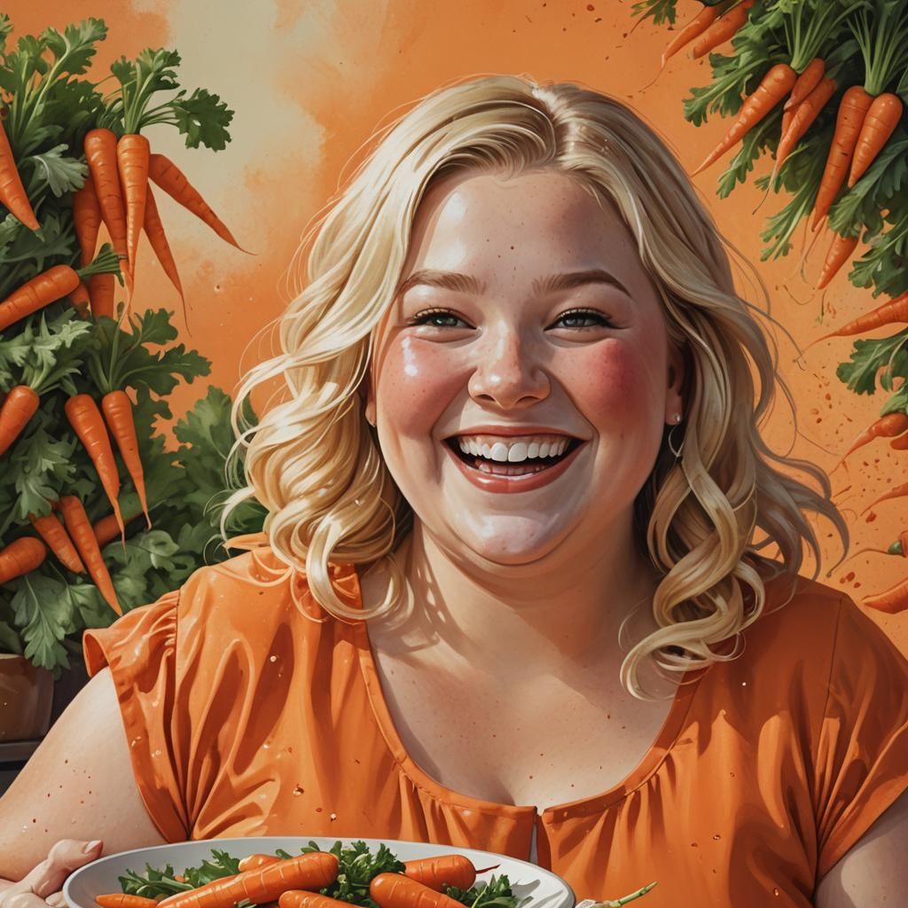 Cheerful Blonde Delights in Carrots: Hyperrealistic Splash A...