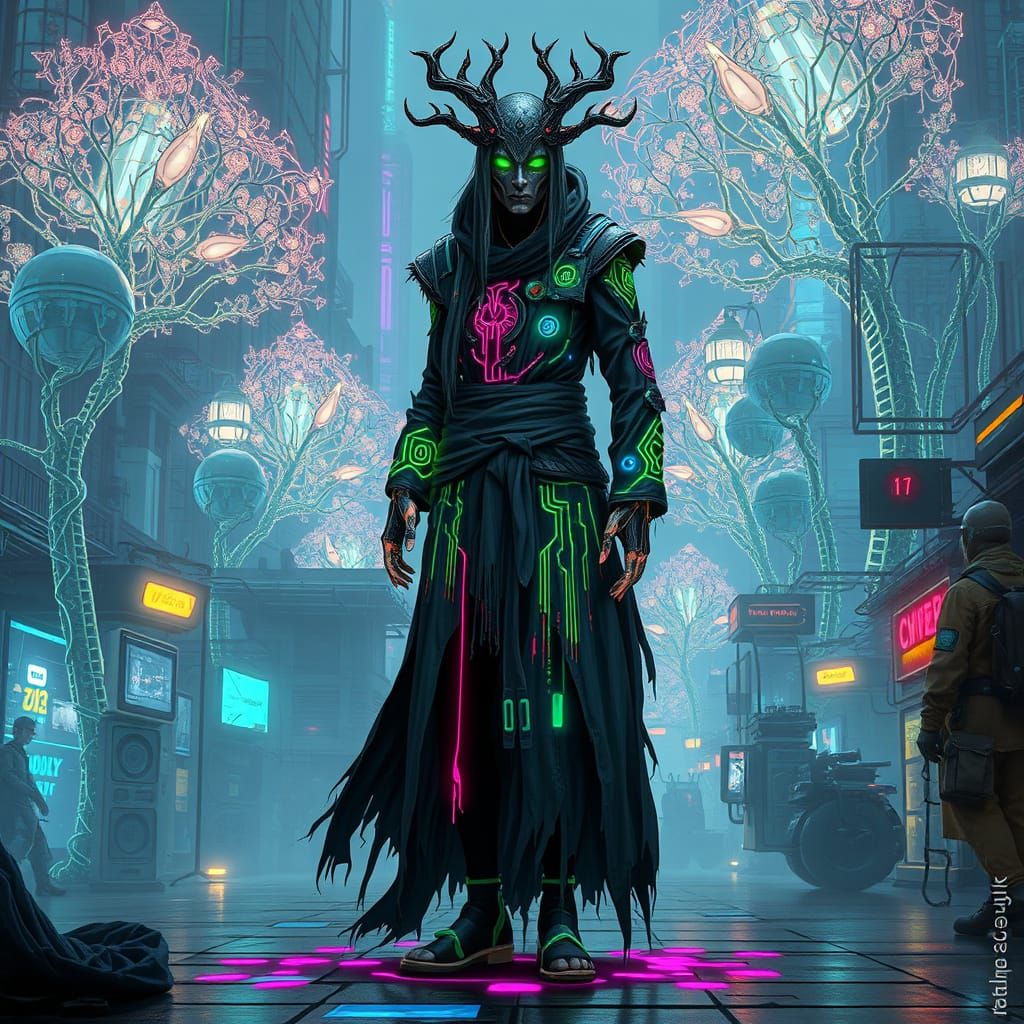 Cyberpunk Druid in Futuristic Cityscape