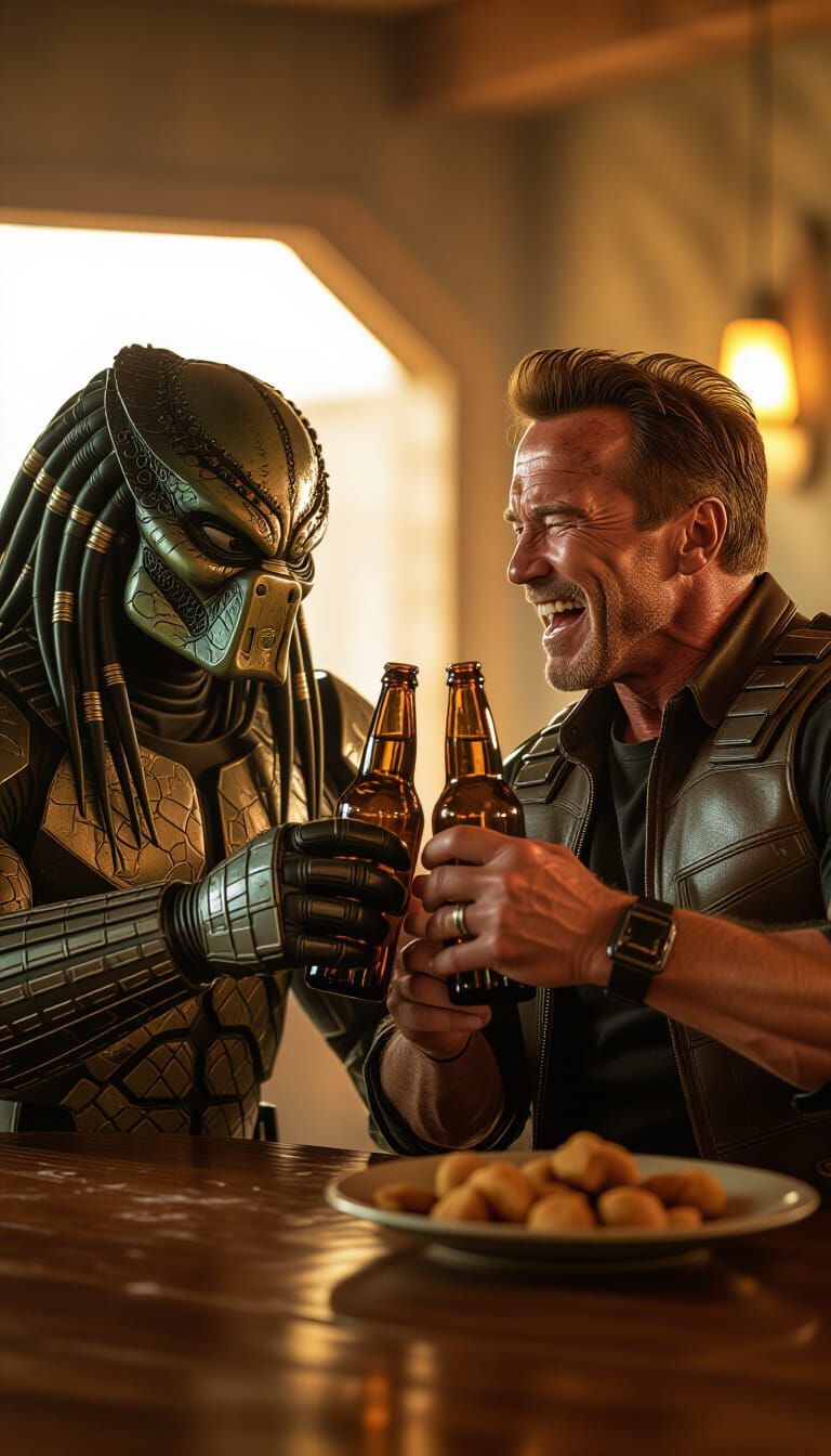 Arnold Schwarzenegger and Predator Share Beer, Cinematic Sty...