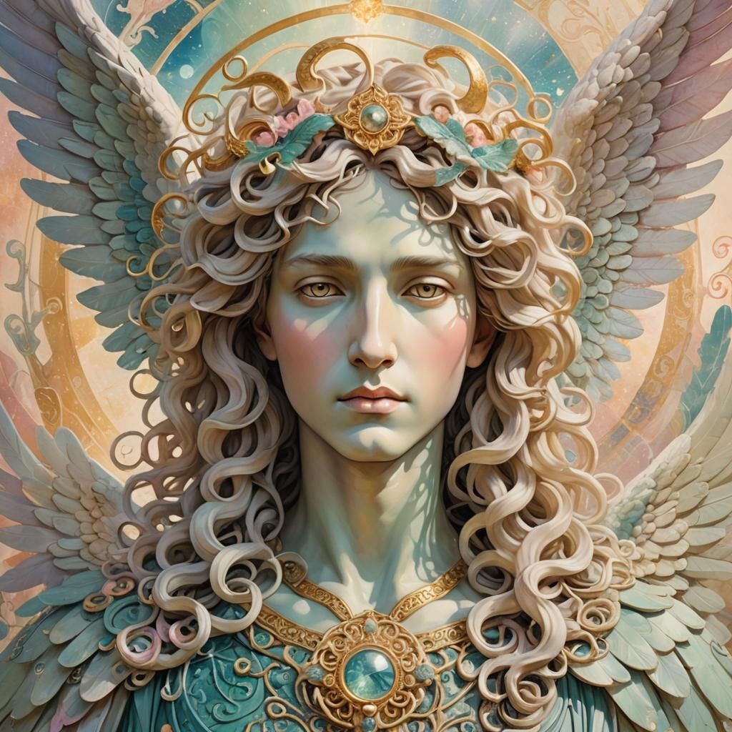 Angel Gabriel with Medusa Head: Dreamy Pastel Illustration