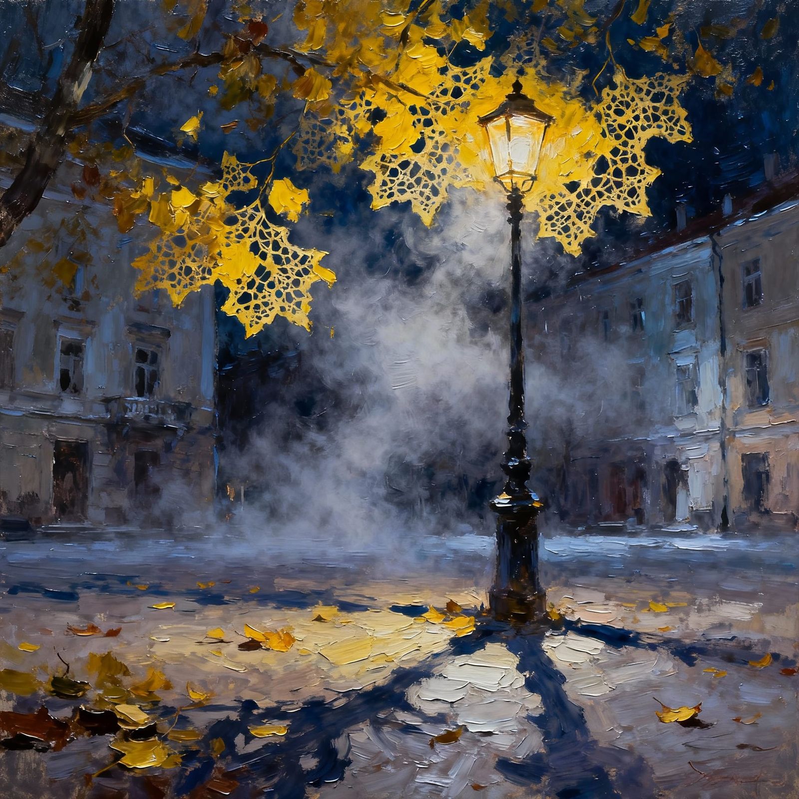 Solitary Lantern in Foggy Town Square with Yellow Leaves