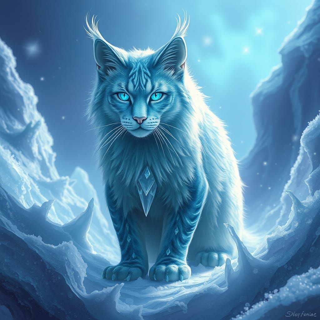 Majestic Ice Cat in a Mystical Realm