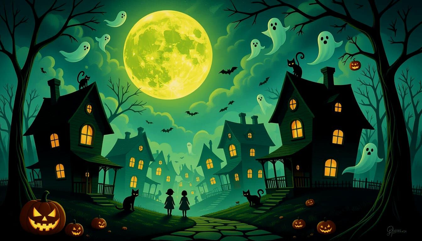 Surreal Halloween Village Under Distorted Green Moon