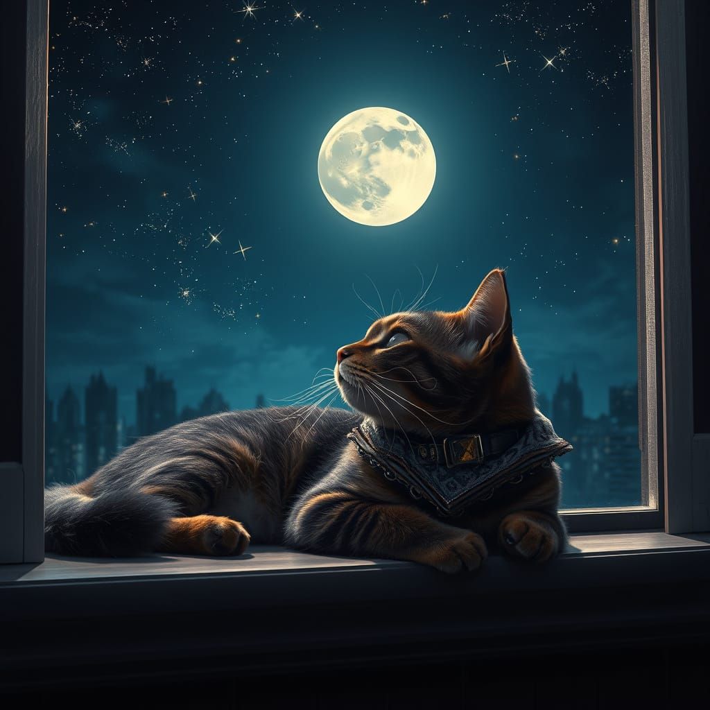 Cat Gazing at Starry Night in Fantasy Realism Style