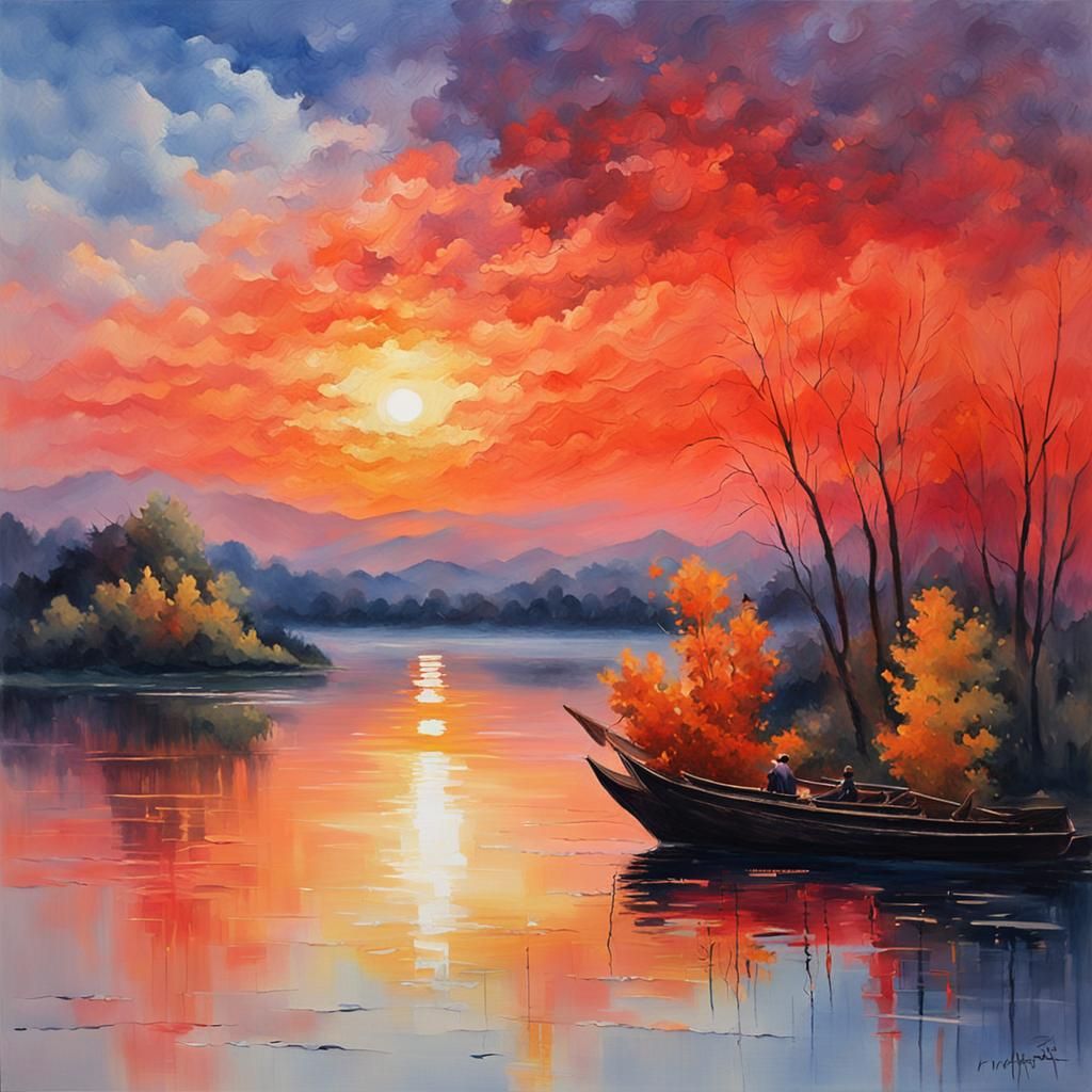 Fiery Twilight Reflection: Gouache Impressionist Masterpiece