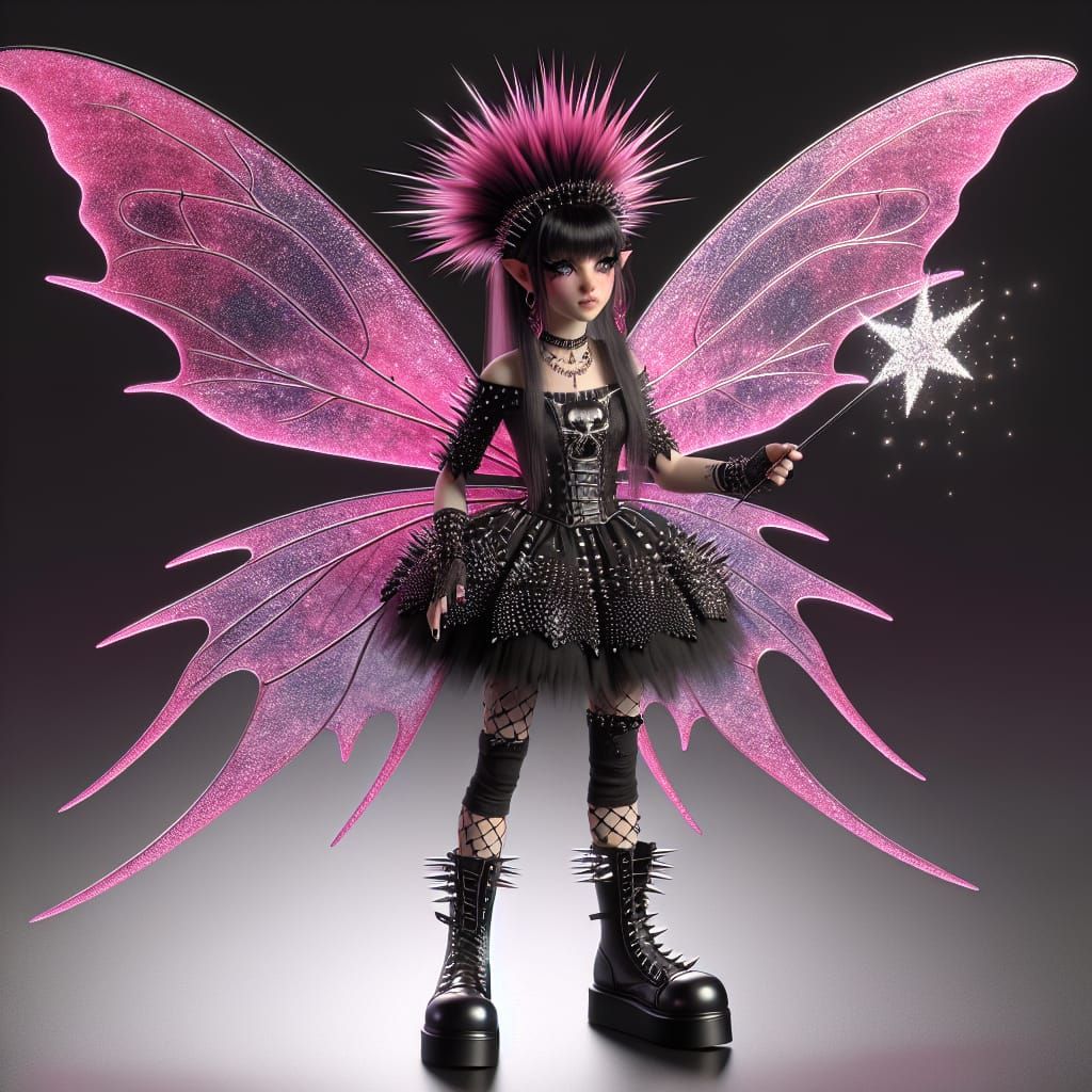 Punk Rock Fairy with Pink Wings and Spiked Hair