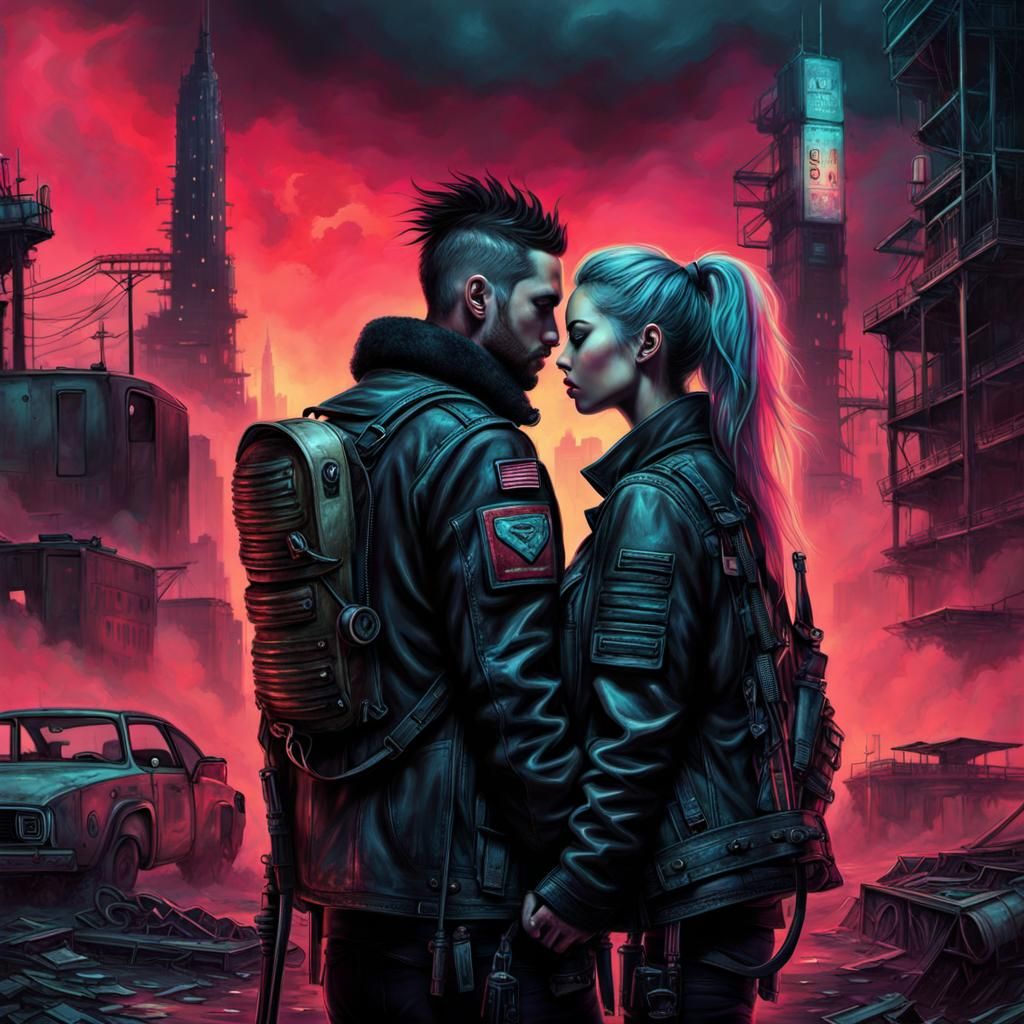 Post-Apocalyptic Cyberpunk Couple Embrace: Grunge Album Art