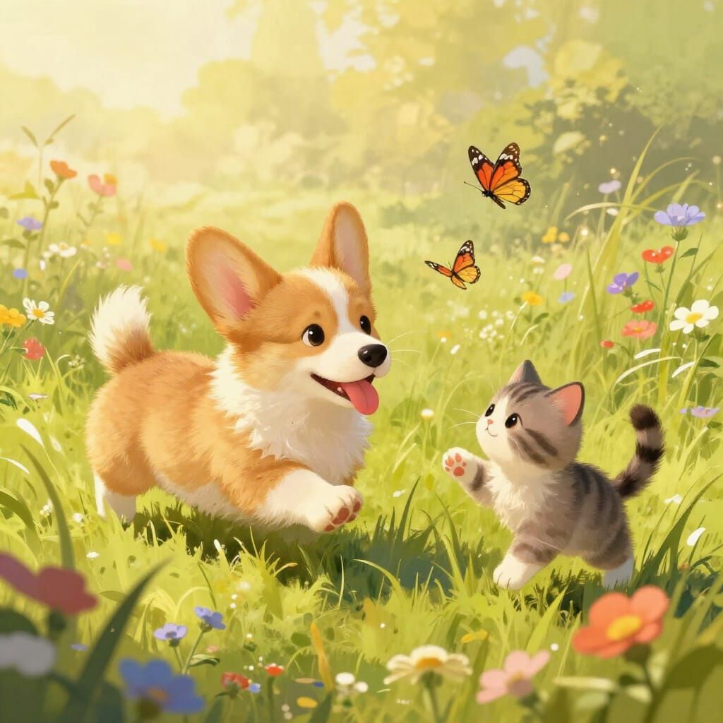 Fluffy Corgi and Kitten Play in Sunny Meadow