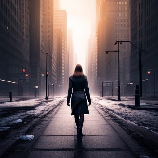 Woman Walks Alone in Dystopian Cityscape