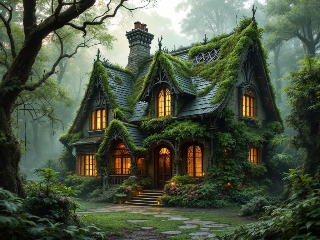 Victorian Cottage in Primeval Forest, Whimsical, Atmospheric...
