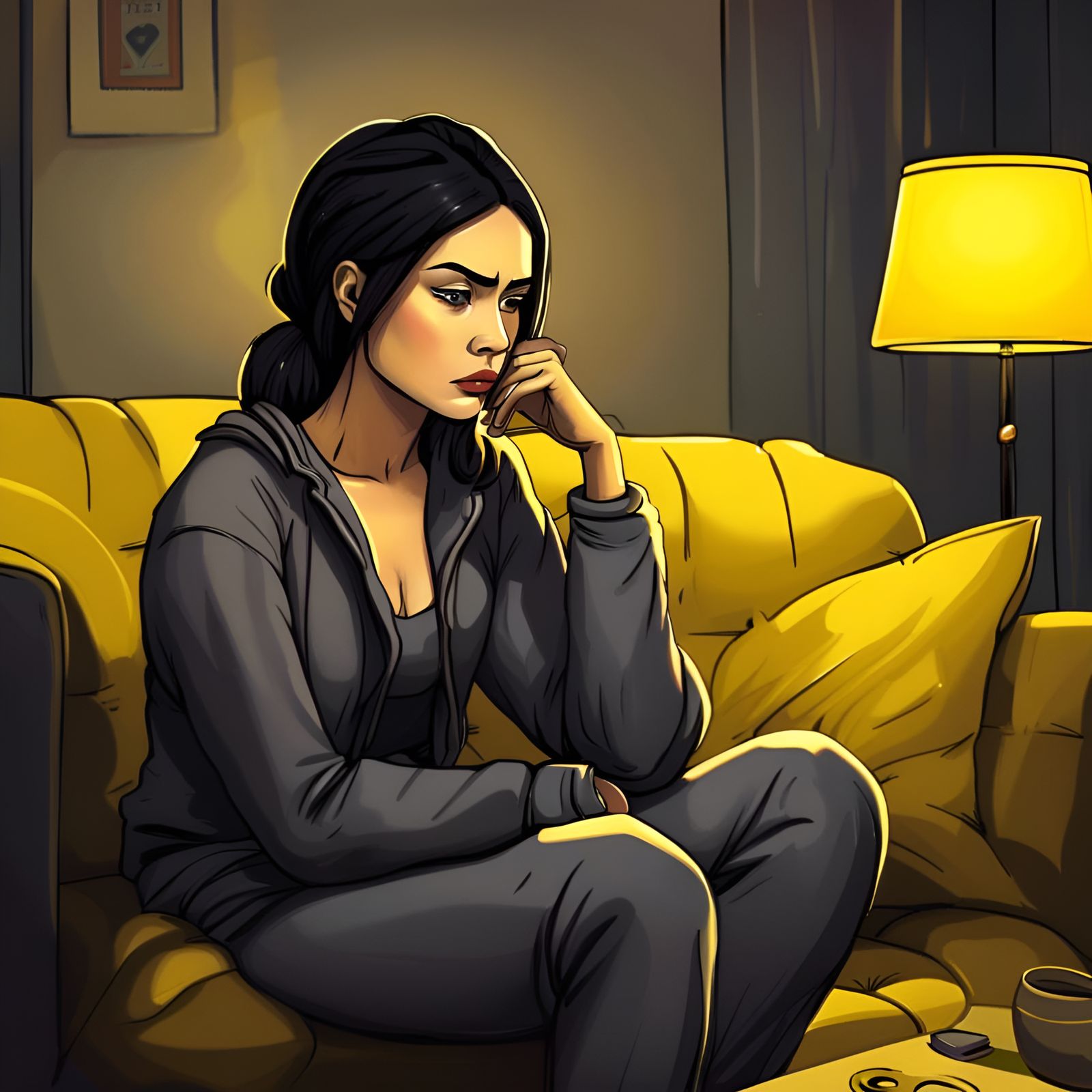 Sad Woman Watching iPad in Comic Style