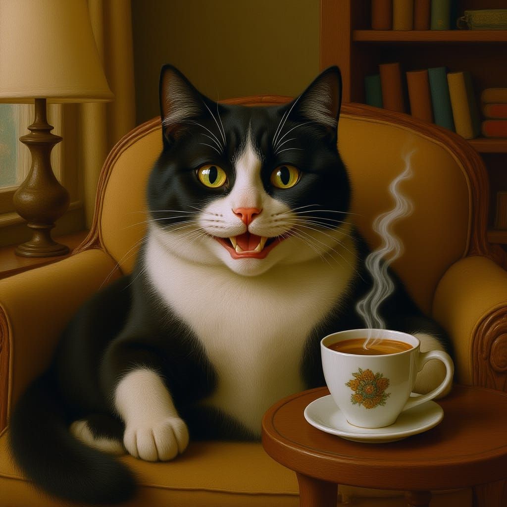 Cozy Black and White Cat Enjoying Coffee