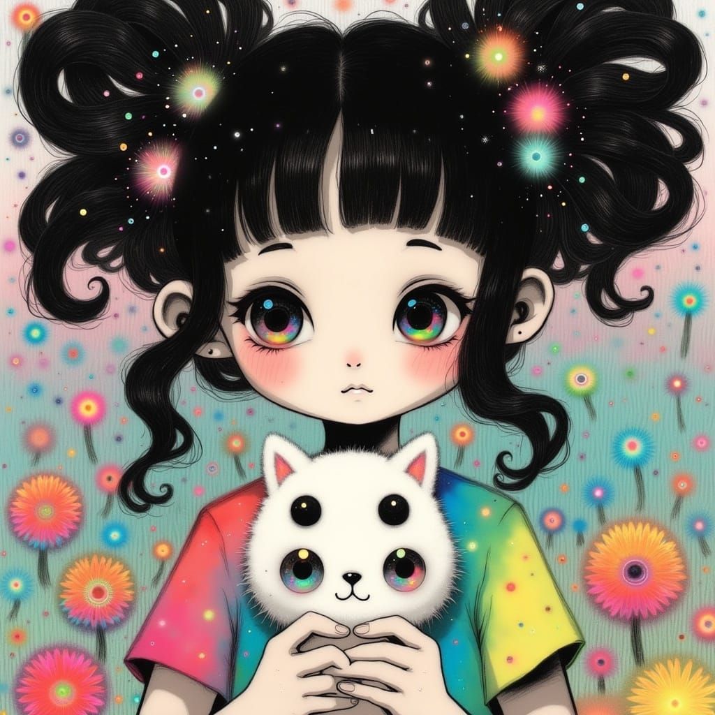 Kawaii Space Girl Cradles Adorable Cat in Whimsical Wonderla...