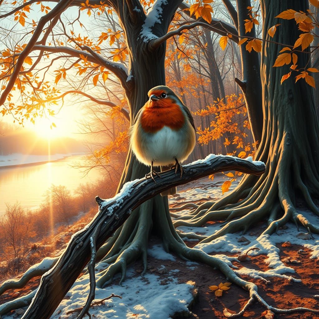 Surreal Sunrise Robin on Ancient Forest Tree Branch