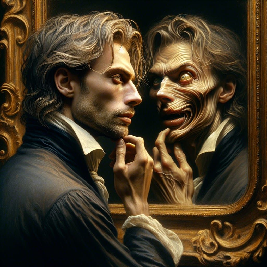 Sinister Reflection: A Classical Painting of Inner Turmoil
