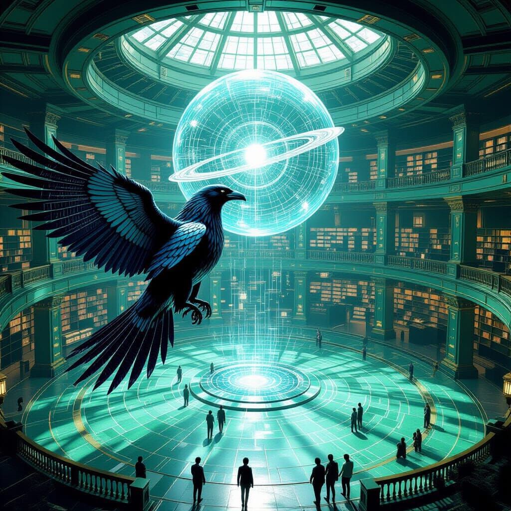 Chrono-Oracle Raven with Solar Panel Feathers Above Jade Lib...