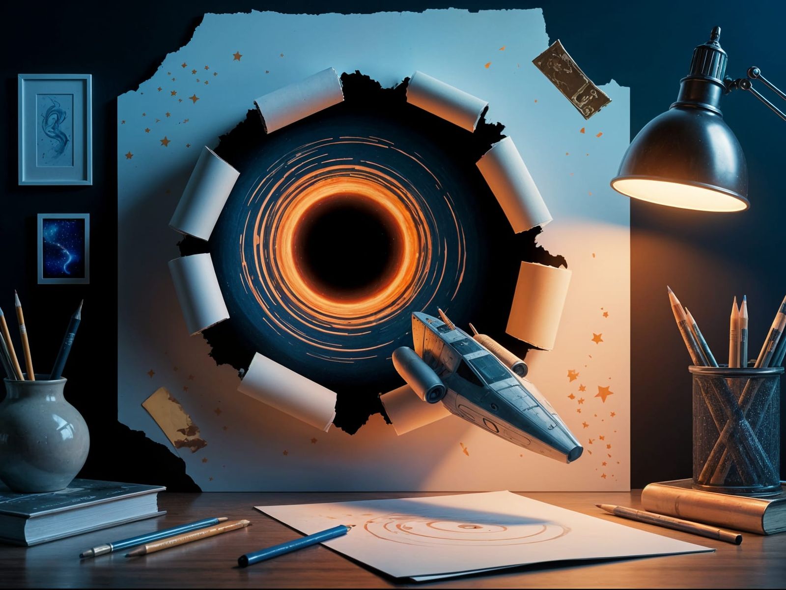 Surreal Desk Black Hole Illusion with Starship