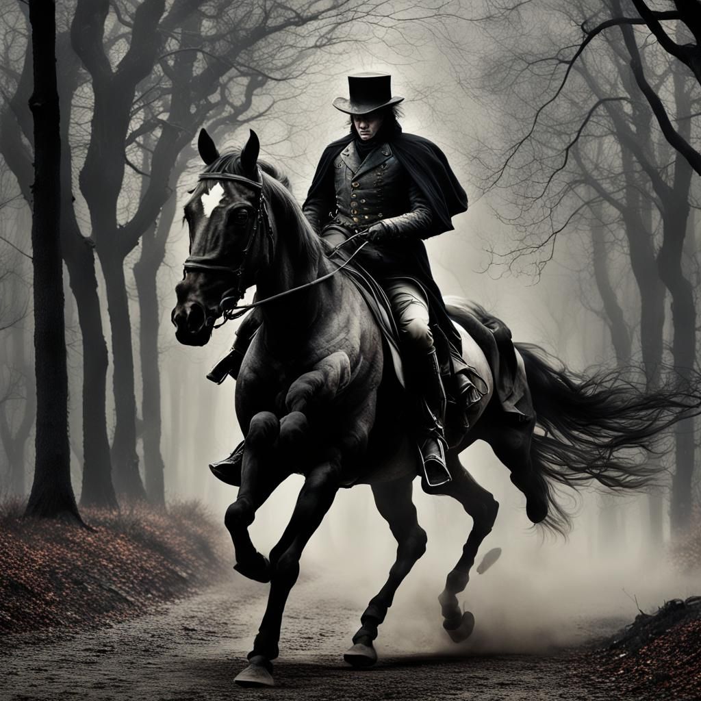Headless Horseman Galloping Through Misty Forest