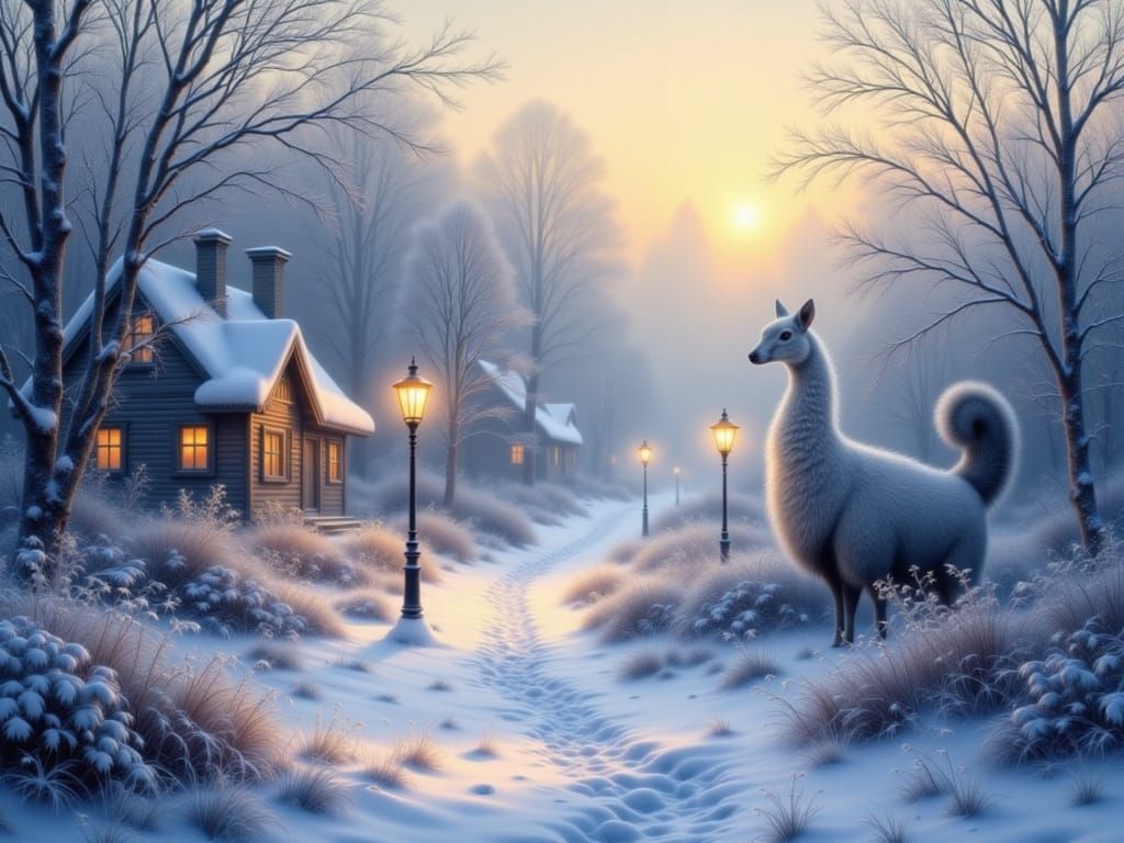 Dreamy Snowy Village at Dusk in Watercolour Style