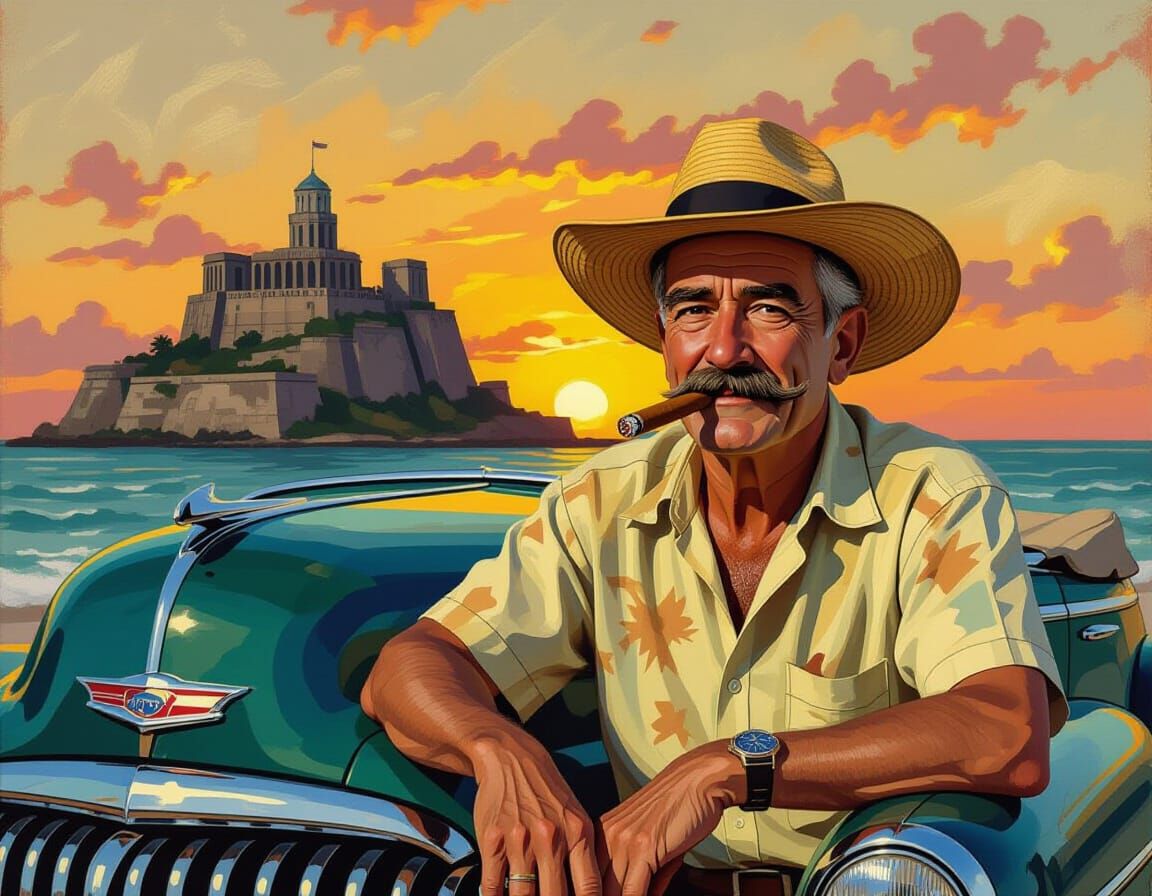 Cuban Man with Cigar, Vintage Car, Expressive Painting