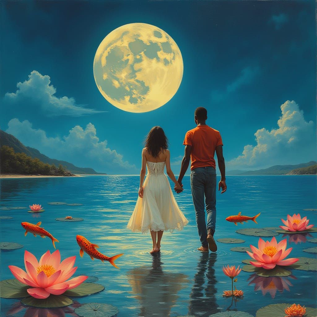 Couple on Beach Under Colorful Moon with Koi and Lotus