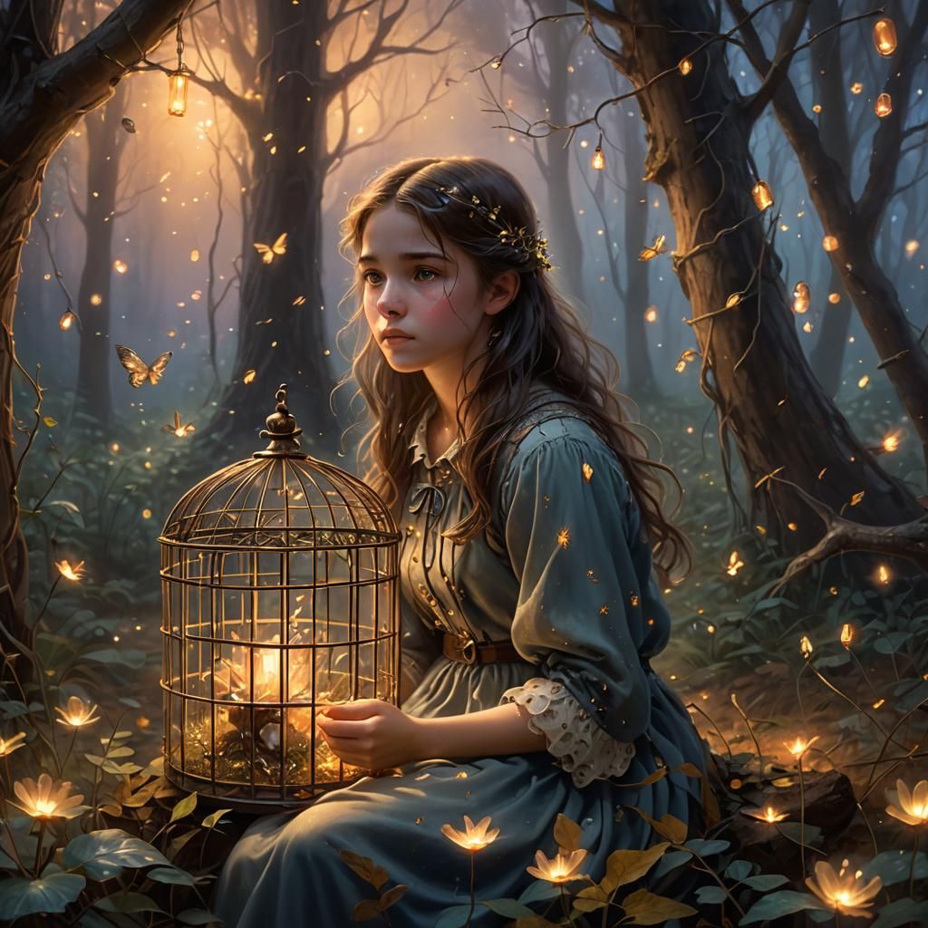 Ethereal Fantasy: Sad Girl in Forest Cage