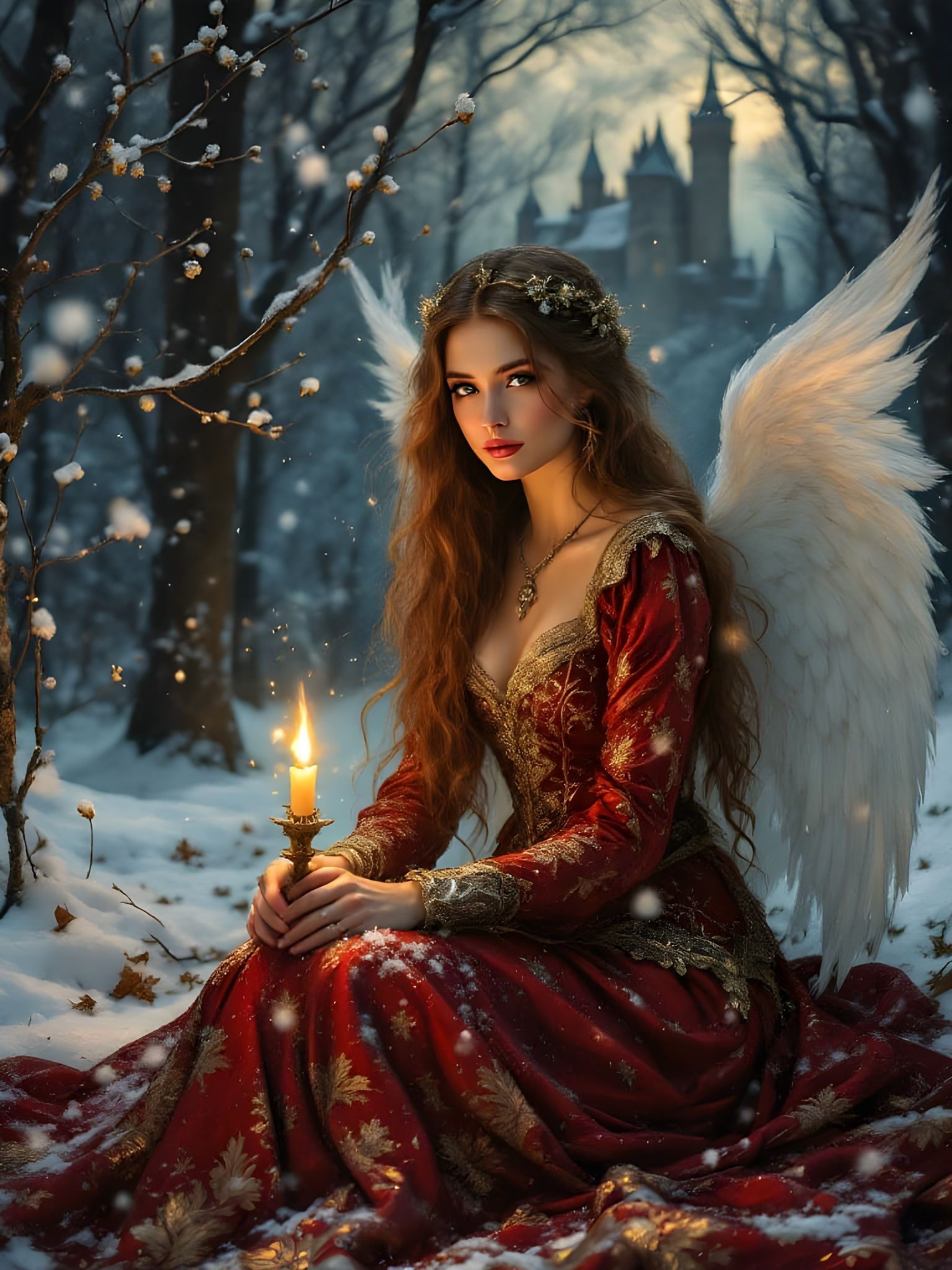 Medieval Angel in Pre Raphaelite Style with Snowy Forest