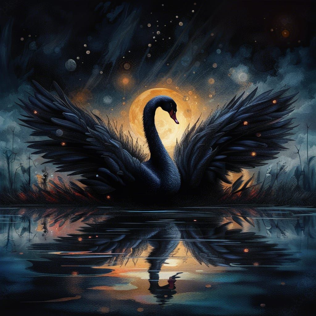 Majestic Black Swan on Moonlit Lake