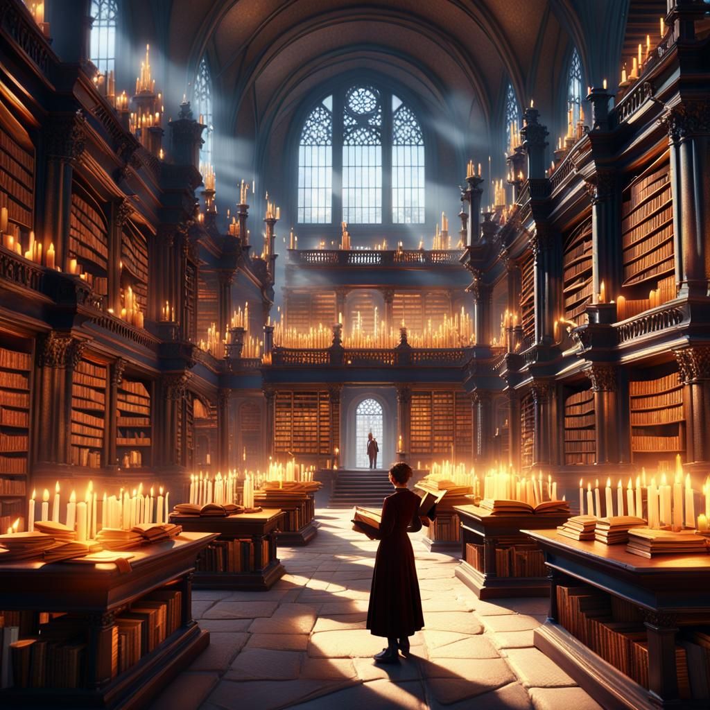 Mystical Library With Librarians Reading Ancient Books