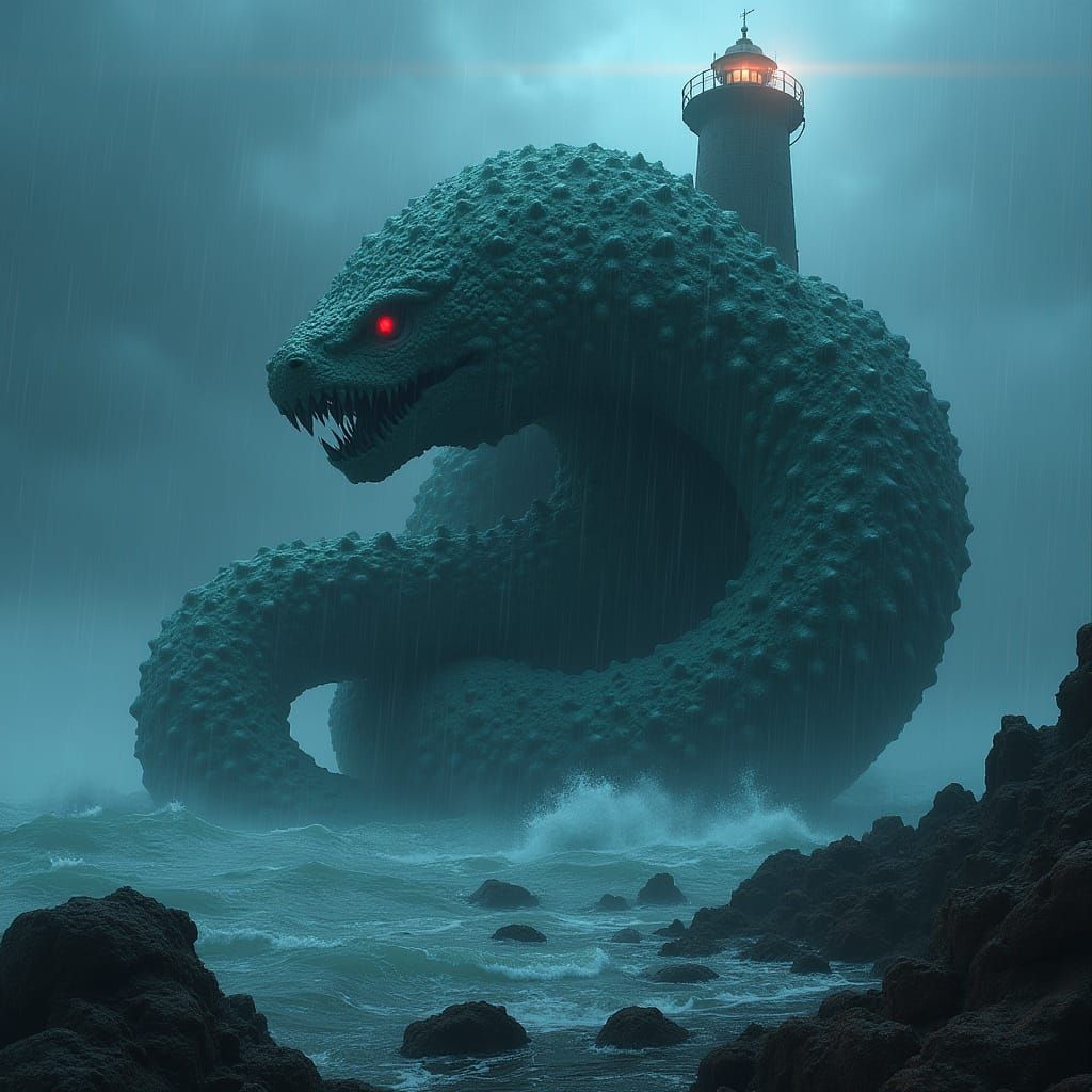 Bronze Leviathan Statue in Stormy Sea