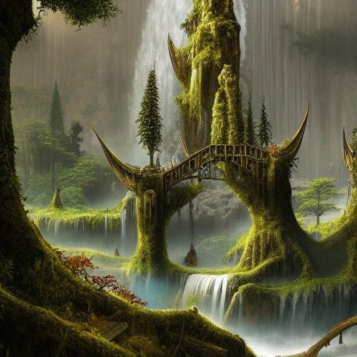 Elven City with Golden Roofs and Waterfalls