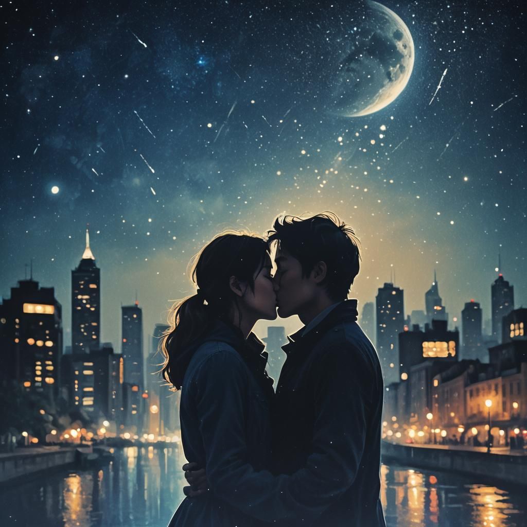 Romantic Kiss Under Starry Night Sky