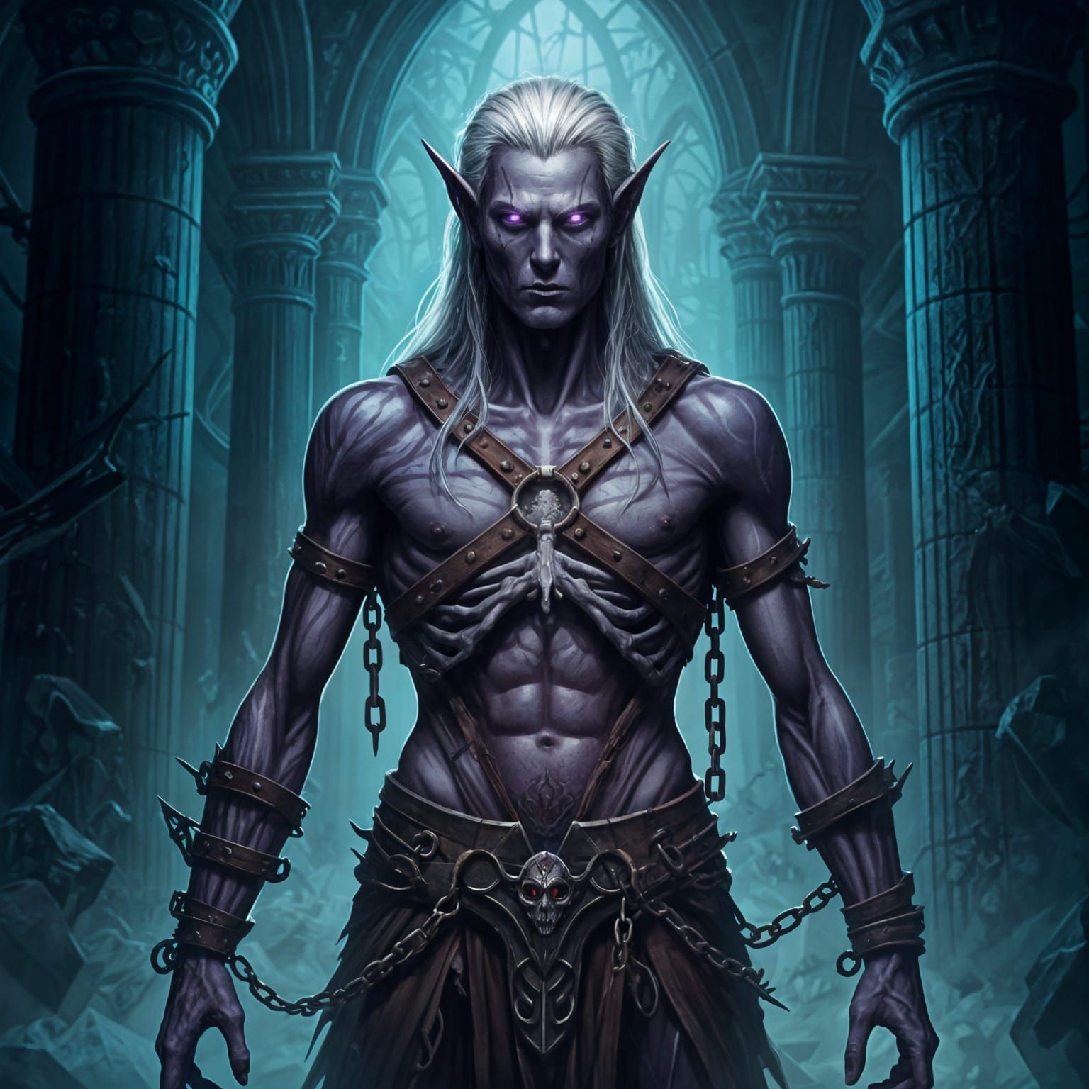 Undead Drow Elf in Mist-Filled Dungeon