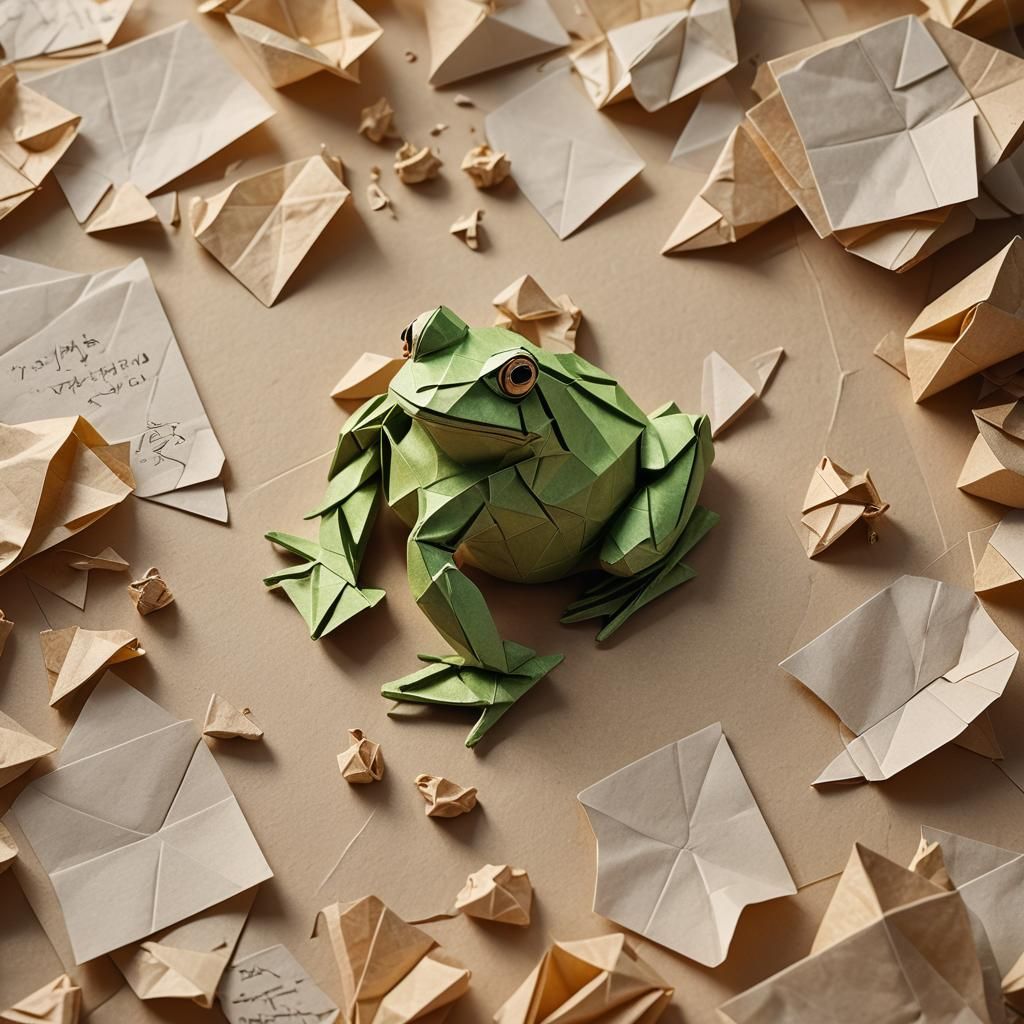 Hyper-Realistic Origami Frog in Golden Hour Lighting