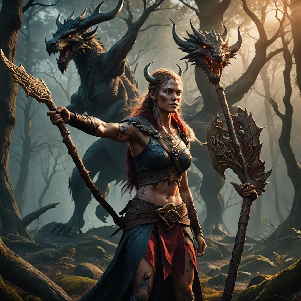 Viking Woman with Dragon Tattoo in Mystical Forest