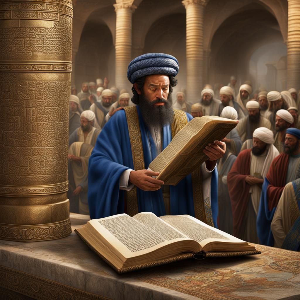 Ezra Reading Torah in Babylon: Hyperrealistic Photo