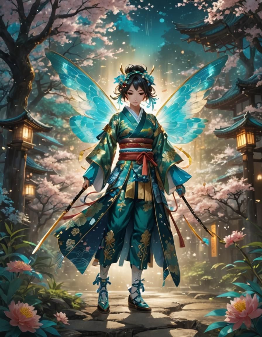 Magical Samurai Girl in Anime Style with Kabuki Makeup