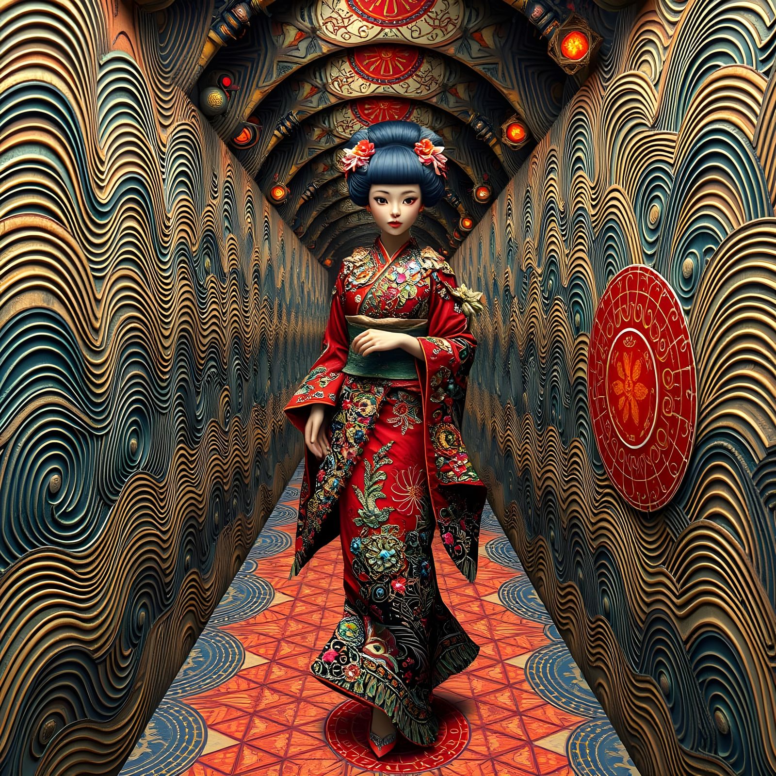 Muse Navigating a Psychedelic Labyrinth in Netsuke Style