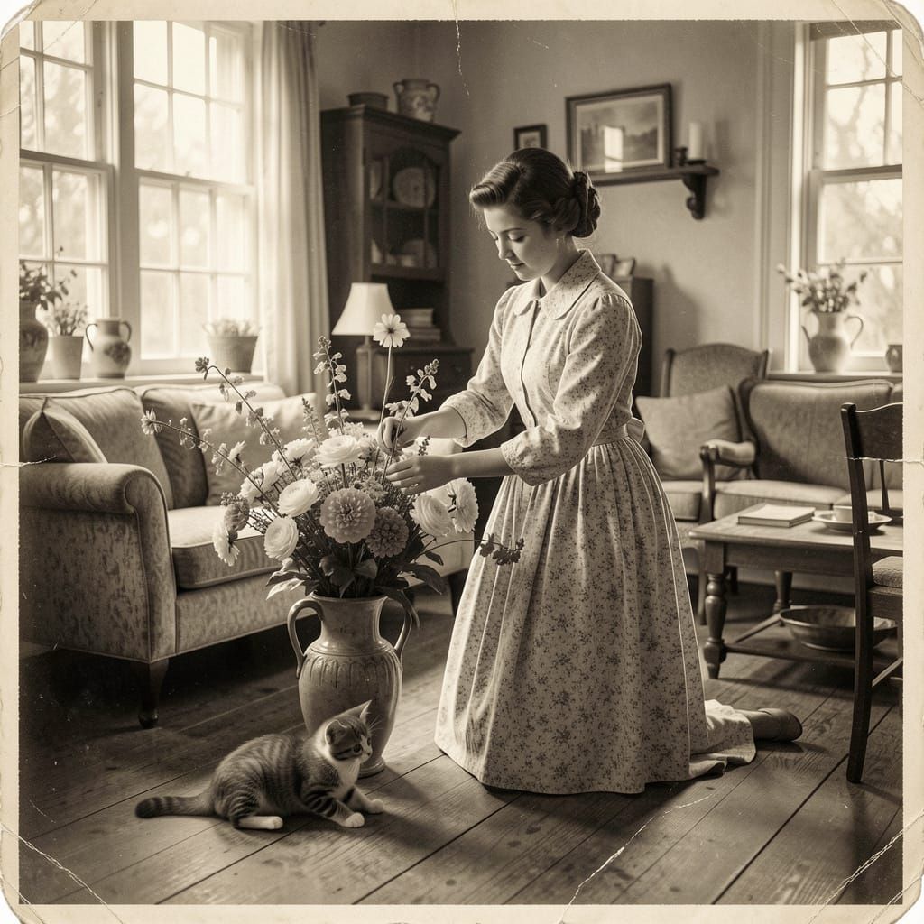 1940s Farmhouse Scene: Lady Arranging Flowers with Kitten