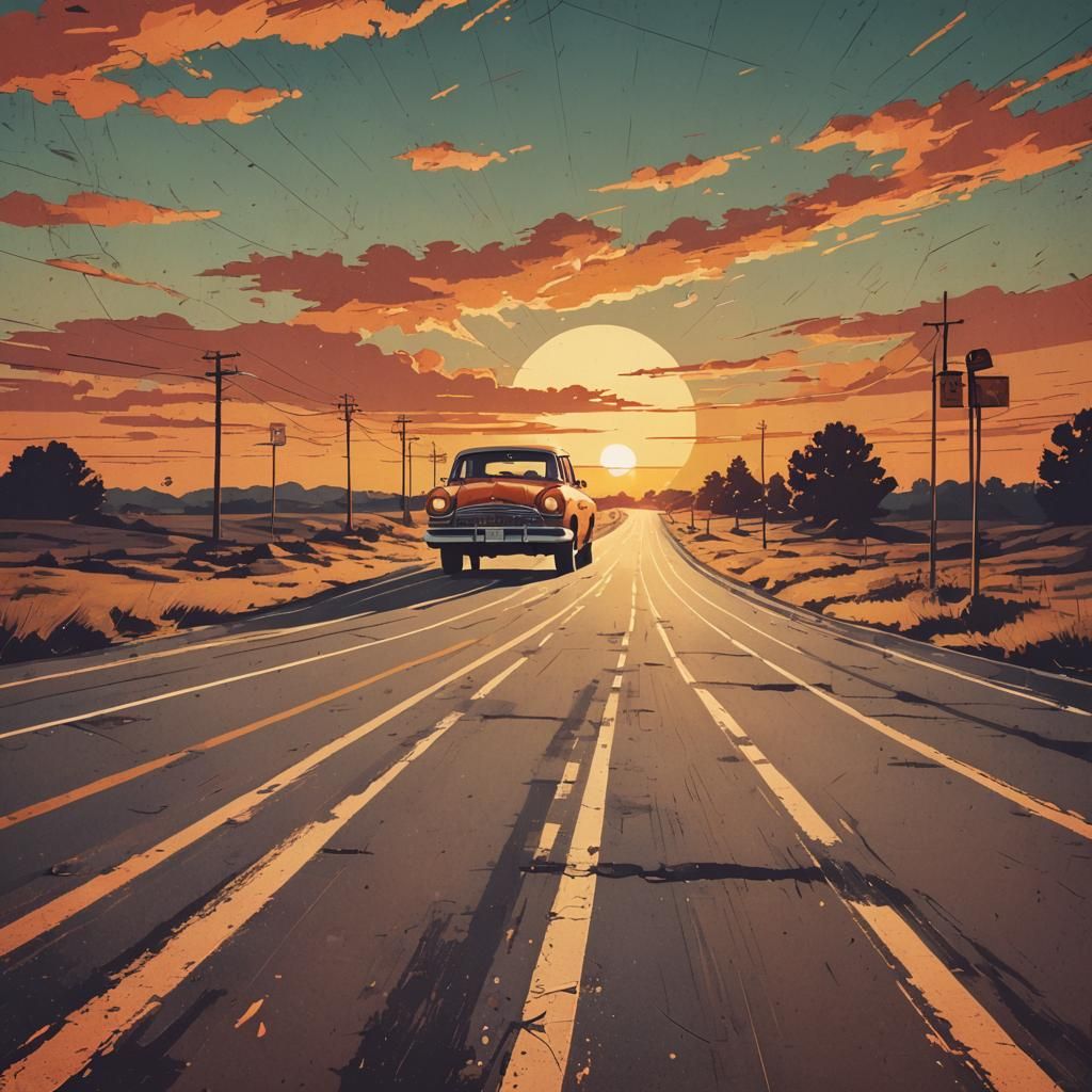 Vintage Car on Deserted Sunset Highway Illustration