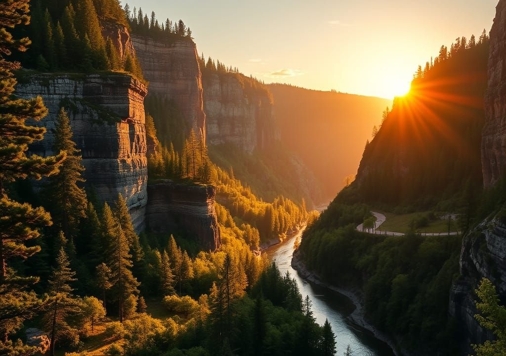 Ausable Chasm Landscape at Sunset in Hudson River Style