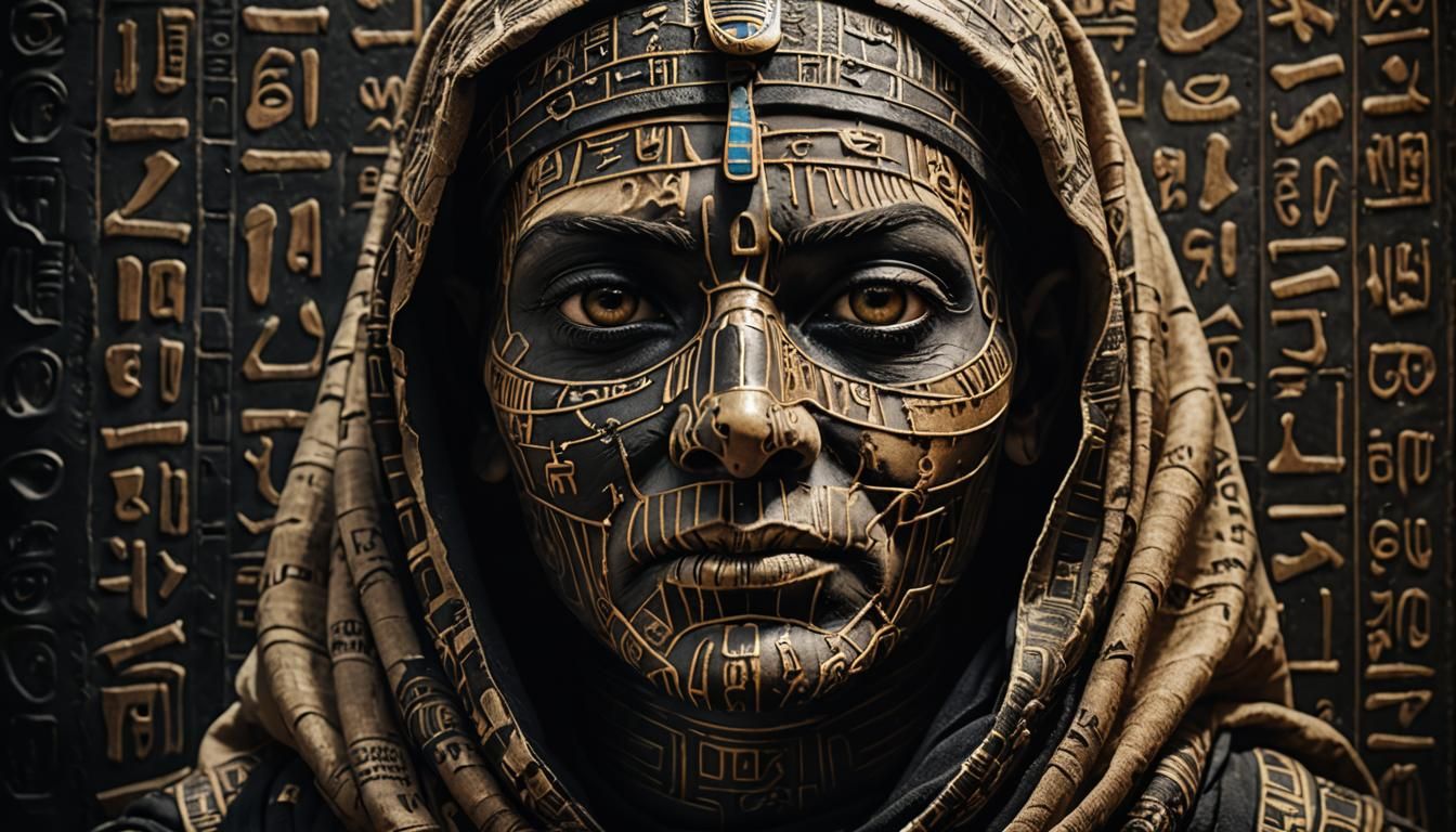 Hyperrealistic Mummy Face with Hieroglyphs and Kashmir Cover