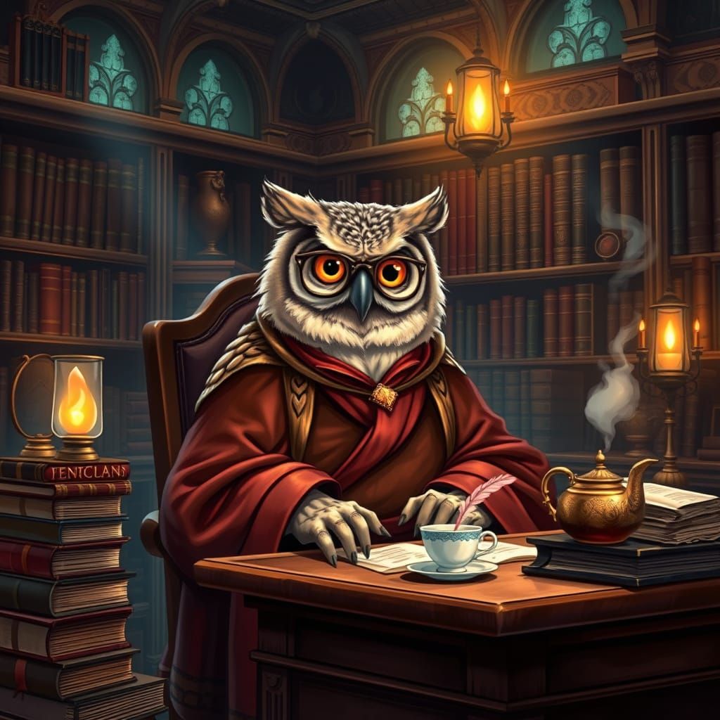 A Wise Owl Scholar in a Majestic Library