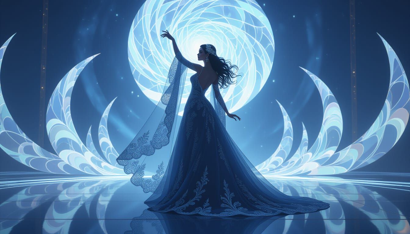 Keira in Silver Lace Gown Painting With Moonbeams